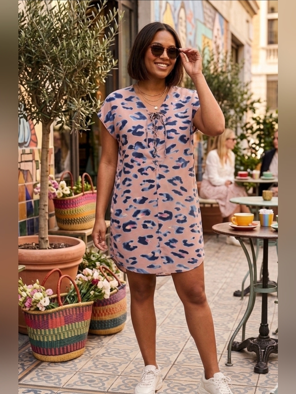 Buddy Love Dress Pink Blue Leopard Ocelot String Tie Animal Print Top Medium M
